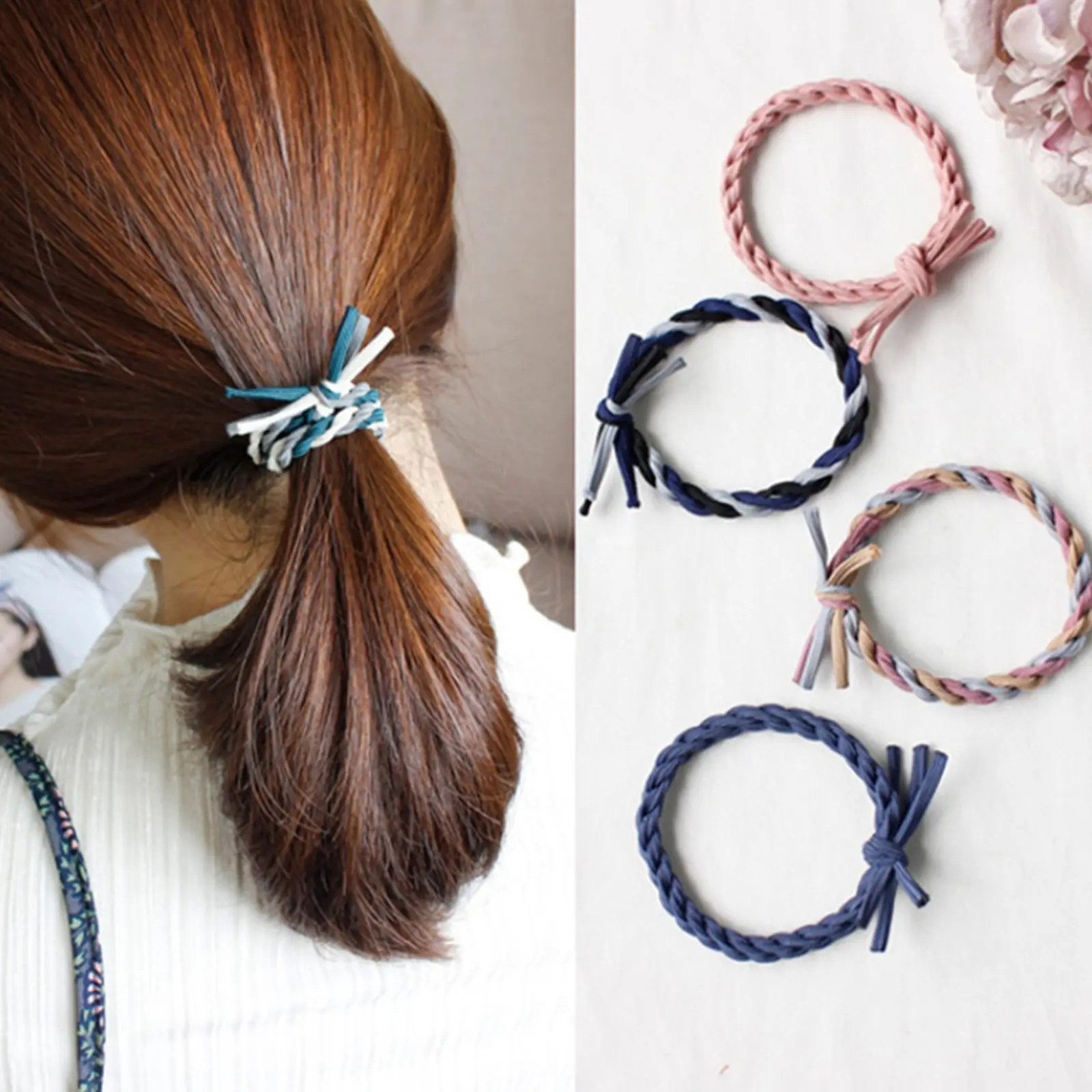 Women Hair Rope with Solid Color / Color Matching Braided Ponytail Holder Elastic Accessory