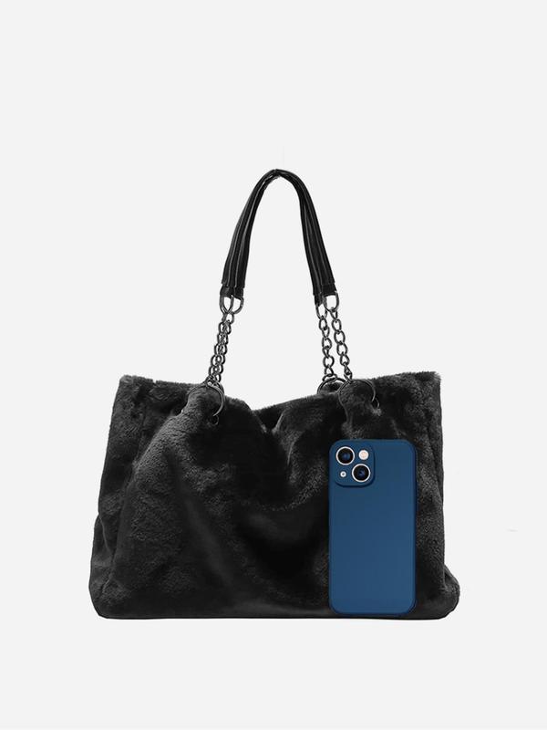 Women's Elegant Minimalist Fluffy Tote Bag, Casual Versatile Trendy Fuzzy Shoulder Bag with Chain Strap, 2025 New Tote Bag for Fall & Winter 4