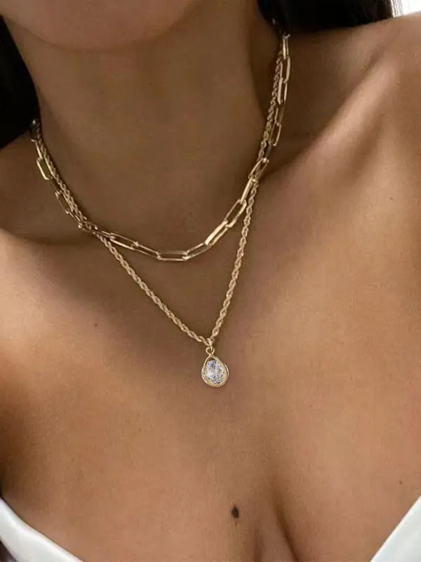 Women's Elegant Water Drop Shaped Pendant Necklace & Twist Design Rope Chain Necklace, Exquisite Trendy Artificial Zircon Pendant Necklace, Chic Jewelry Set As Gift for Girlfriend 0