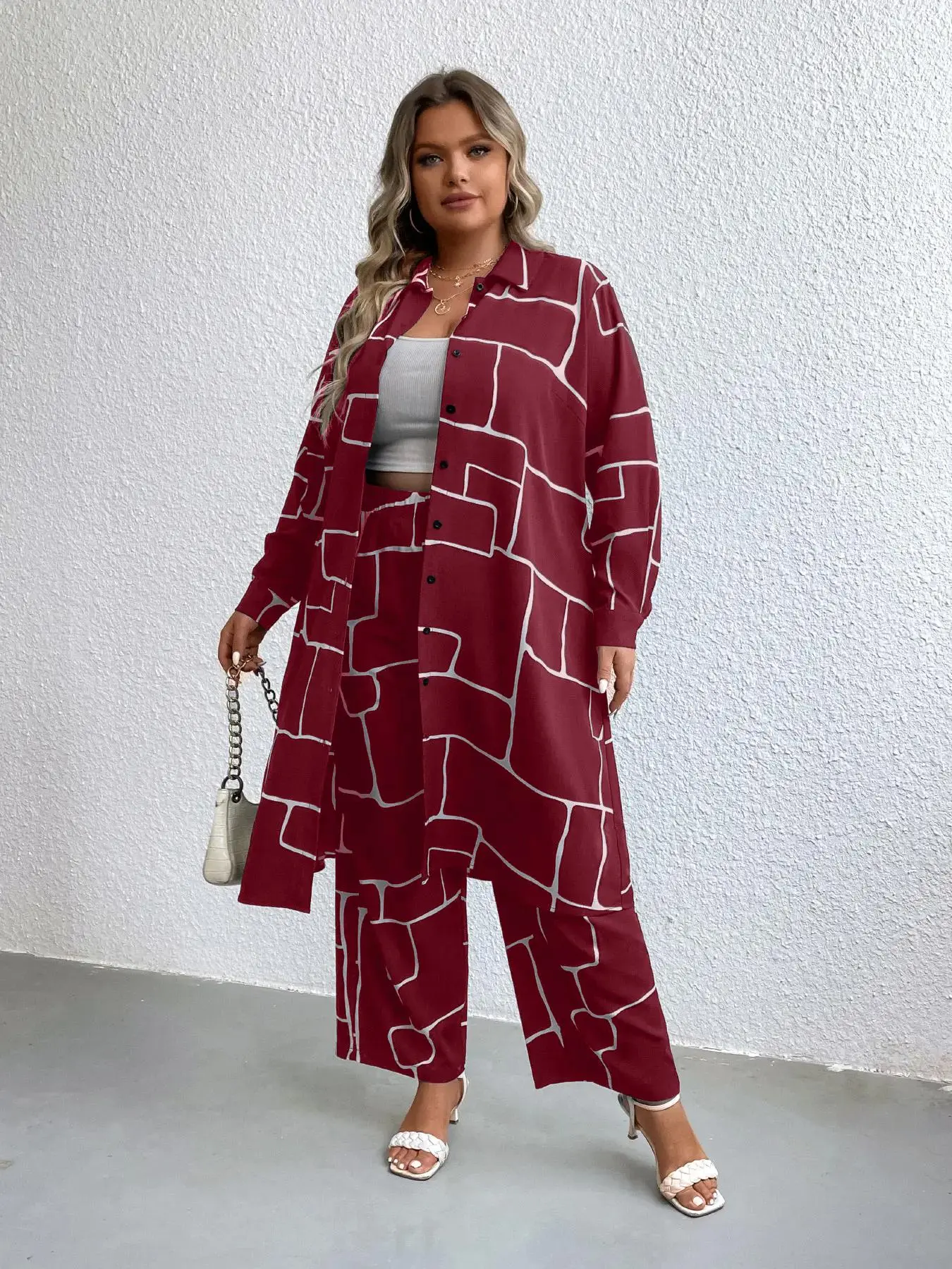 【Plus Size】 Two-Piece Set Geometric Print Elastic Waist Pants Set, Long Sleeve Longline Top & Wide Leg Trousers, Two Piece Set, Women's Spring & Fall Clothes Lounge Set