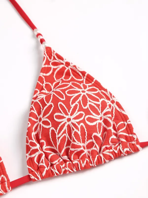 Women's Floral Print Beaded Halter Triangle Bikini Set, High Stretch Casual Fashion Tie Back Backless Swim Top & Tie Side Swim Bottom for Beach Holiday Vacation, Ladies Swimsuit for All Seasons 2