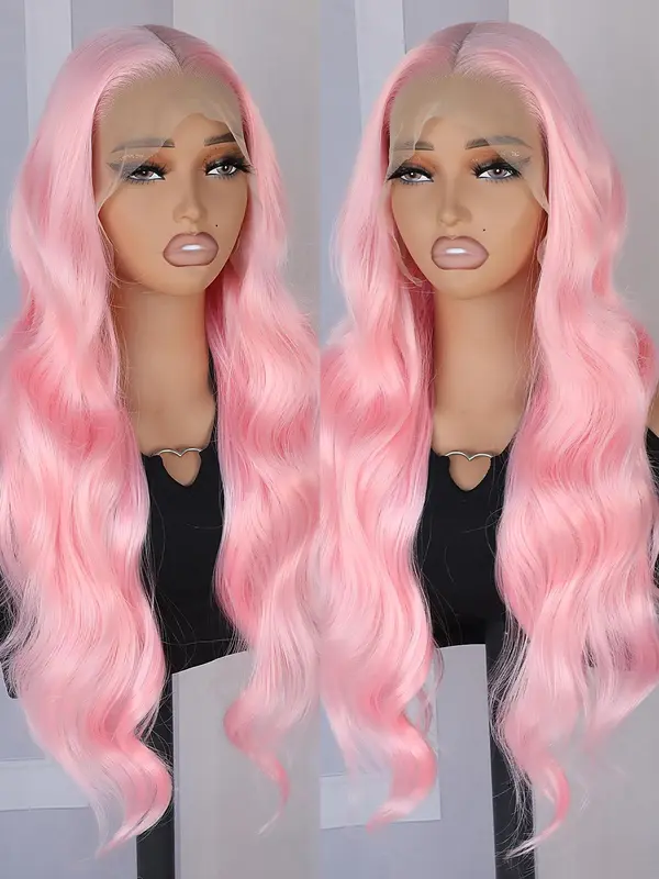 26 Inch Pink Long Body Wavy Synthetic Lace Front Wigs for Women, Natural Looking Gorgeous Fluffy Wigs without Bangs, Heat Resistant Glueless Wigs, Synthetic Lace Wigs for Party, Daily Use 2