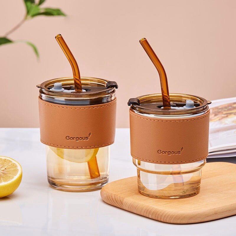 1 Cốc thủy tinh hổ phách 450ml, Tặng kèm ống hút và bao da chống nóng (màu cốc ngẫu nhiên)