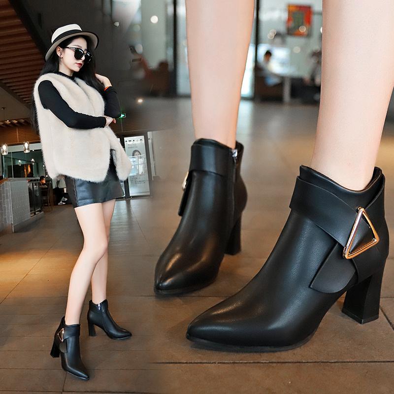 Product Introduction of Women's High Heels Short Boots Spring Autumn Belt Buckle Ankle Boots Female Bottes High Pu Leather Shoes Waterproof Woman Pumps Footwear Girl Walking Shoes Comfort 9