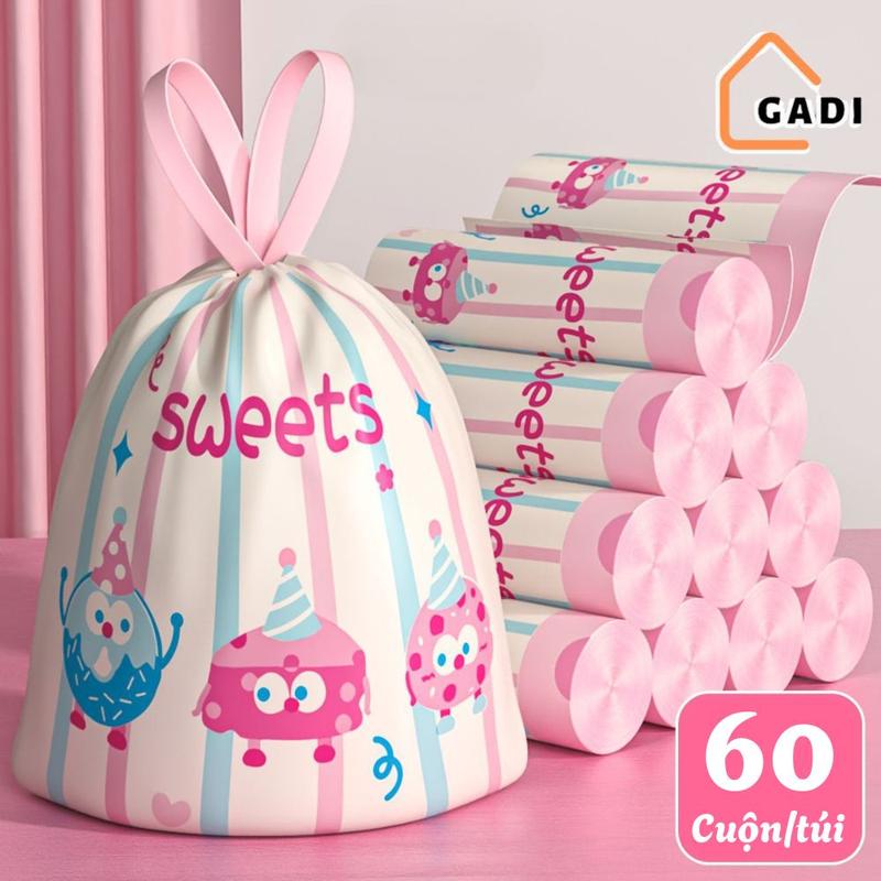 Cuộn 60 Túi Đựng Rác Dây Rút Hoạt Hình Siêu Dai Chất Liệu Dày Dặn Có Quai Xách Kích Cỡ 45*45cm