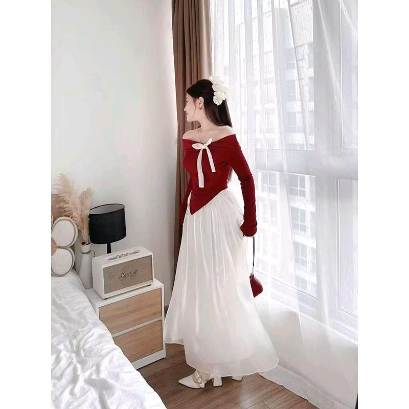 Set áo trễ vai đính nơ tay dài kèm chân váy tơ lụa dáng dài Nữ Voi Kem Women Thun 3