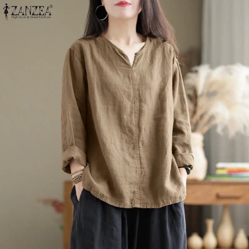 Áo Cotton Dài Tay Cổ Chữ V Cổ Điển Cho Nữ, ZANZEA, Áo Xẻ Tà, Phong Cách Bohemian, Áo Cánh Trơn Thích Hợp Cho Kỳ Nghỉ