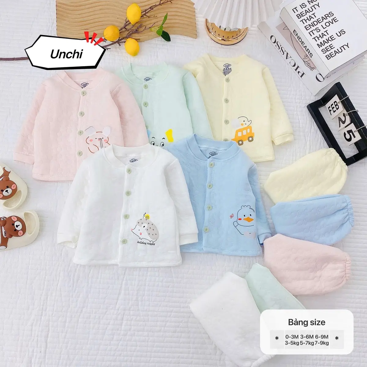 Bộ xốp chần bông Unchi mẫu mới màu nhẹ nhàng xinh xắn cho bé sơ sinh 0-9 tháng