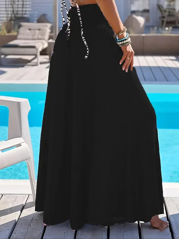 Women's Plain Shirred Wide Leg Pants, Loose Fit Boho Casual High Waist Trousers for Beach Vacation Holiday, Fashion Ladies Summer Clothes, Womenswear, Baggy Legged Pants 7