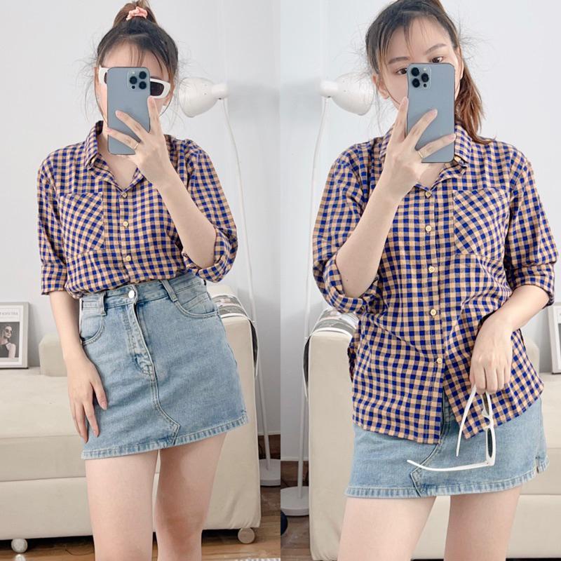 Product Introduction of Áo Sơ Mi Nữ Kẻ Karo Tay Dài Trẻ Trung Năng Động, Áo Sơ Mi Nữ Tay Dài Freesize Chất Cotton Bột Dày Dặn 33