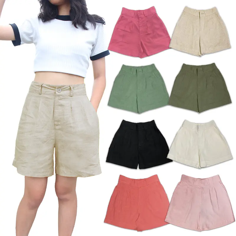 Quần Đùi Nữ Linen Lưng Thun Co Giãn Ống Rộng Cạp Cao Tôn Dáng Có Nhiều Màu Đủ Size Women Ong quần short 0