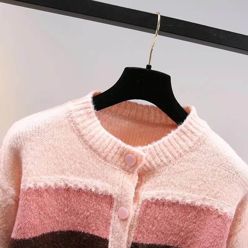 Product Introduction of Multicolor striped lantern sleeve knit loose single breasted women's cardigan sweater coat for women clothing Autumn Winter Knitwear Womenswear 12