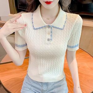 Ice Silk Short Sleeve Women 2025 Summer Color Block Polo Collar T-Shirt Thin Sweet Short Knitted Top