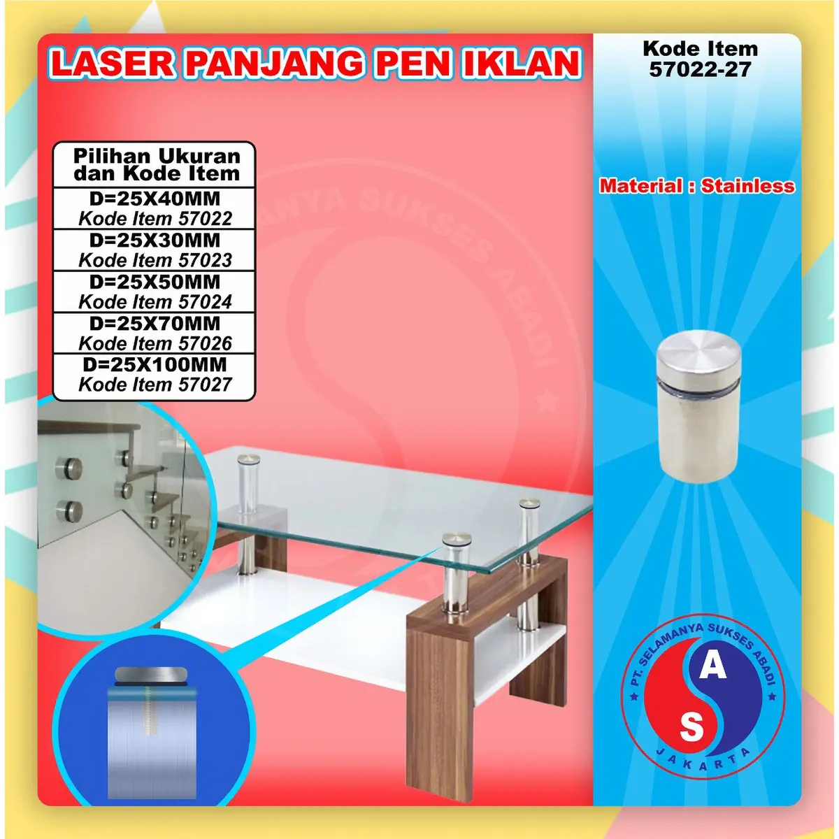 Pen Iklan WINSTON 25 mm Sign Board Paku Baut Skrup Penjepit Stabil Kaca Akrilik Reklame Glass Holder