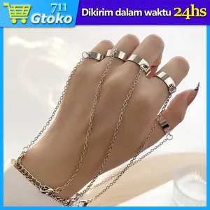 Set Gelang Rantai Cincin Kombinasi Geometris Warna Silver Gaya Punk Untuk Pria & Wanita