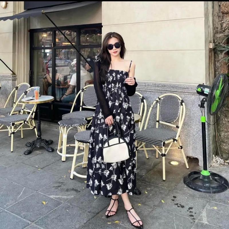 Set váy hoa 2 dây chun ngực kèm áo khoác thun tăm Nữ Bo Chun Women Top mùa đông cho bà bầu đầm