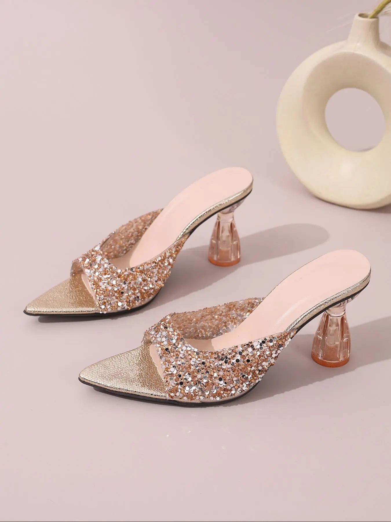 Women's Fashionable Glitter Sequin Decorated High Heel Sandals, Elegant Pointed Toe Slip on Sandals for Party, Daily Clothing Decor for Women & Girls, Footwear
