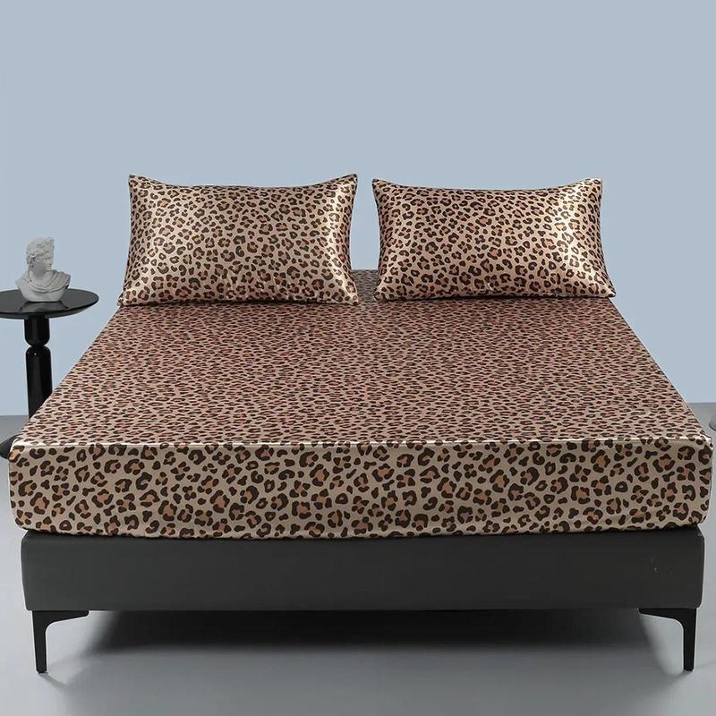 Satin Leopard Print Bedding Set, 3 Counts Including 1 Count Soft Comfortable Fitted Sheet & 2 Counts Pillowcase without Filler, Bed Linens, Room Accessories Bedding Supplies for Home Hotel, Bedroom Decor, Gift for Summer 0
