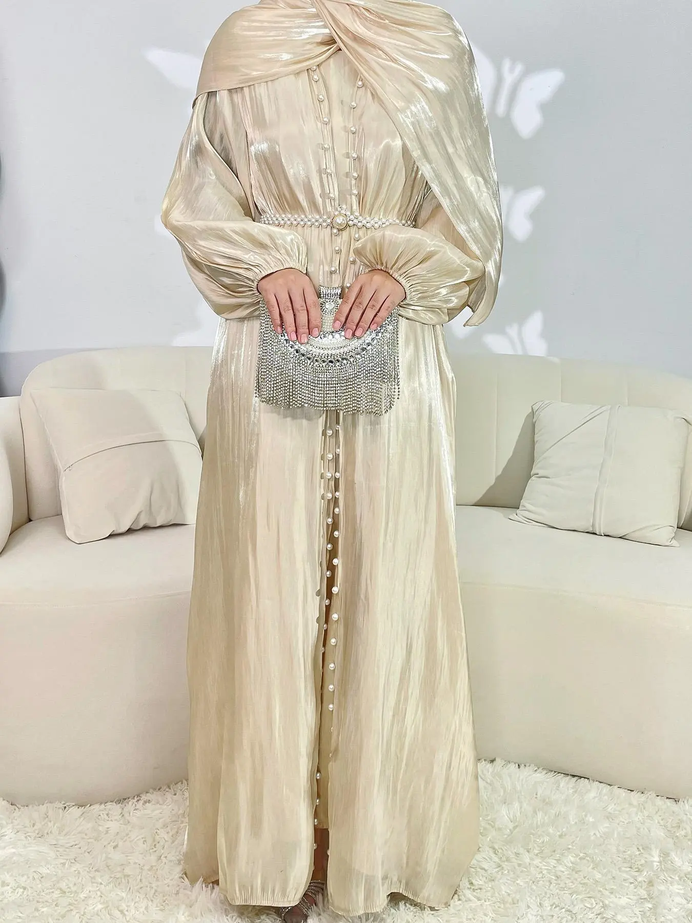Women's Solid  Abaya & Belted Tank Dress Set, Elegant Bishop Sleeve Long Sleeve Outerwear & Long Dress, Ladies Islamic Clothing for All Seasons