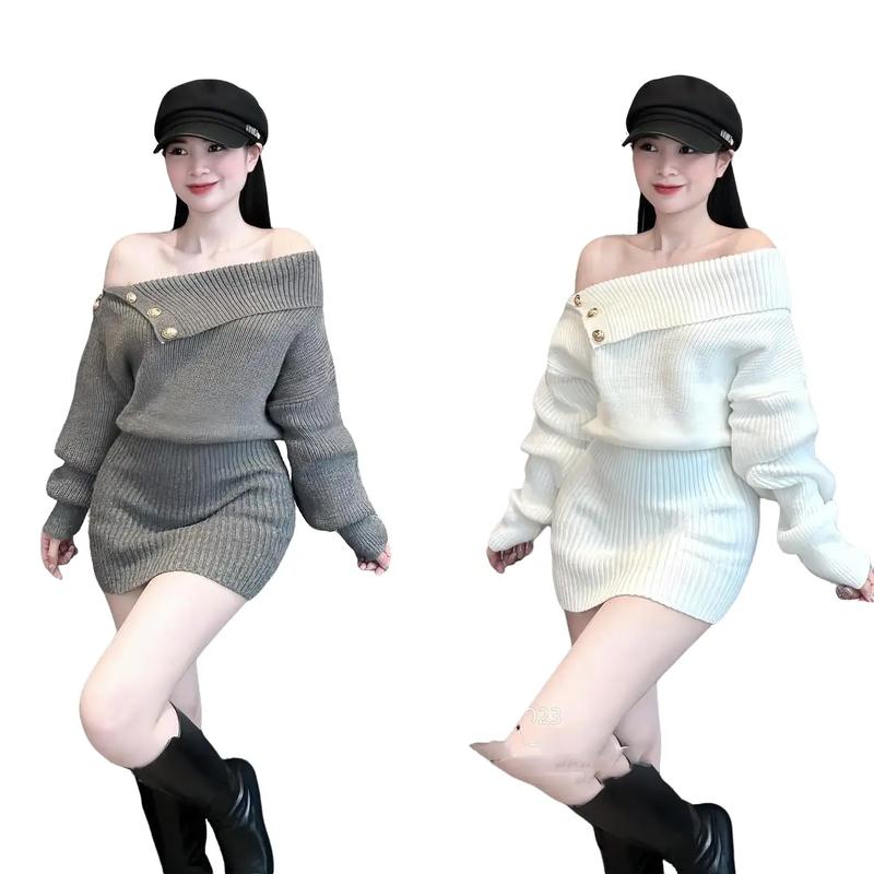 Váy Đầm Len Trễ Vai Đính Khuy Tay Dài Dáng Ôm Body Freesize Cho Nữ Dưới 55kg - Huyền Thanh Shop Women Nhung Dress 3 Màu Trắng/Đen/Xám 1
