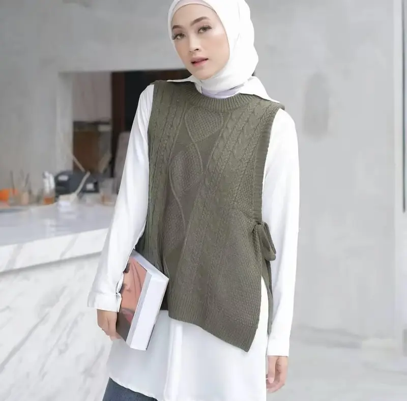 Beautyshirt ~ Halma Vest Bahan Rajut / Atasan Wanita Kekinian Rompi Rajut Tali Samping Ala korean Style brokat / outer Top Motif Santai 5