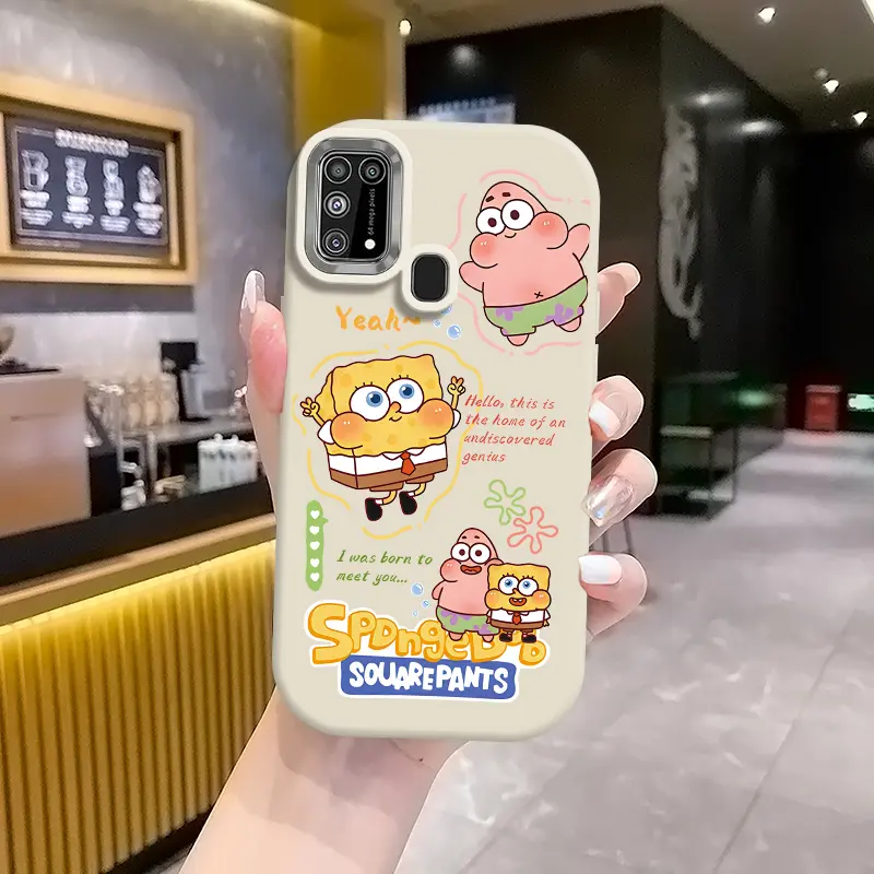 Casing hp SAMSUNGM31 4G GW Xiaopang Dwen Silicone Women's Phone Case SpongeBob SquarePants dan Patrick English letter Kartun pola lucu merah muda dan kotak telepon putih 2