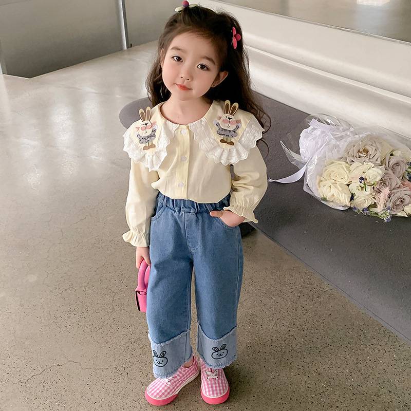 Nin.Shop ชุดเด็กผู้หญิงน่ารัก ชุดเซ็ต2ชิ้นลายกระต่าย เสื้อเชิ้ตแขนยาว+กางเกงยีนส์#219