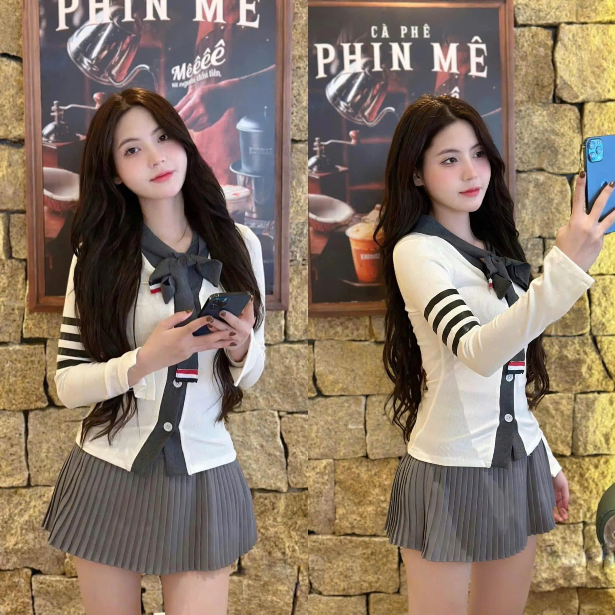Sét váy nữ xinh xắn sang chảnh áo len thun tăm dài tay mix cùng chân váy Women Nhung Top Kem Bo Chun