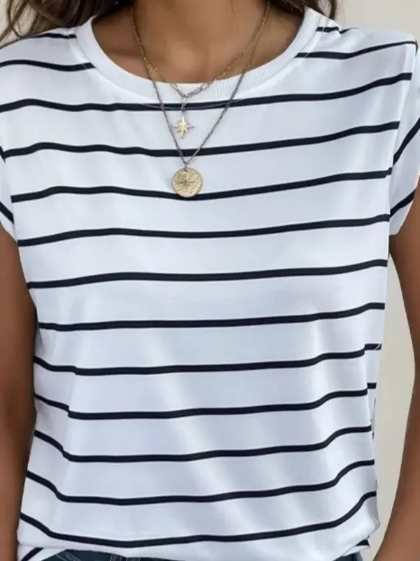 Women's Striped Print Tank Top, Casual Button Decor Round Neck Top for Summer, Ladies Clothes for Daily Wear 0