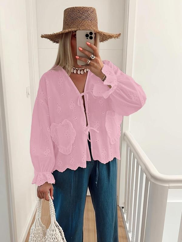 Women's Eyelet Embroidery Shirt, Casual Long Sleeve Top for Summer, Women's Clothing for Daily Wear, Blouse 6