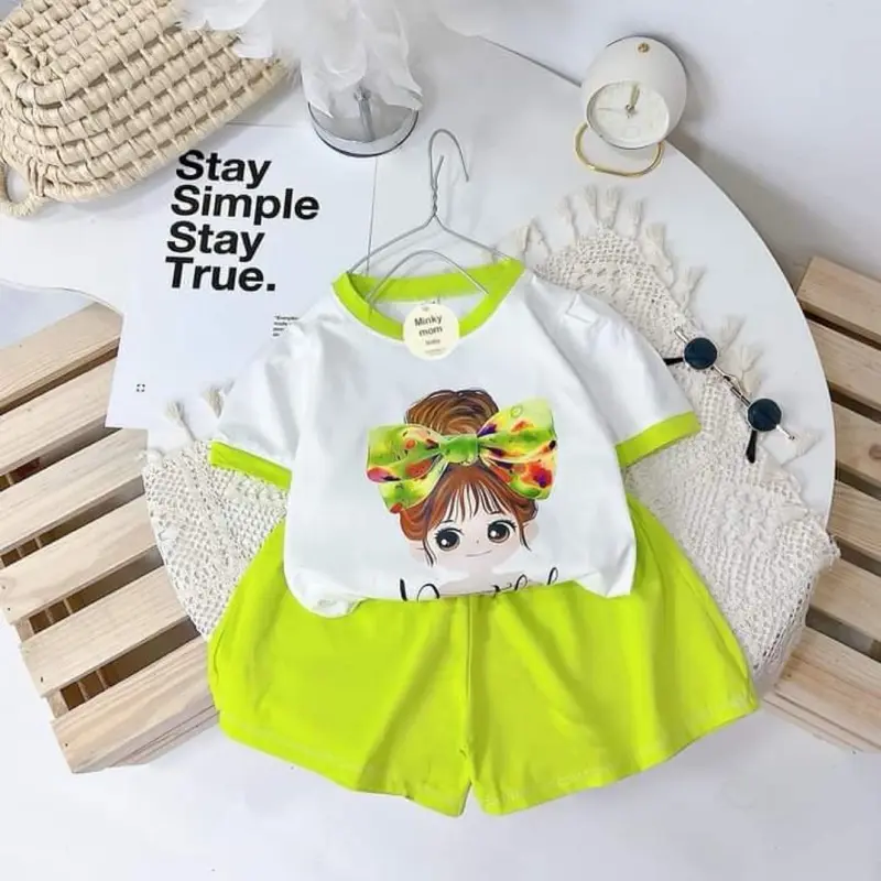 xinh gai Bộ cộc tay in hình BÚP BÊ Cô gái dễ thương cho bé gái .đồ mùa hè cho bé .vải cotton set chobe 4