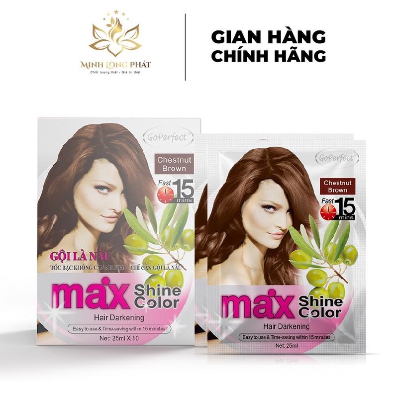 ( MÀU NÂU HẠT DẺ) 1 HỘP 10 GÓI GỘI PHỦ BẠC MAX SHINE, NHUỘM TÓC MÀU NÂU HẠT DẺ, THAY ĐỔI MÀU TÓC NAM NỮ, NPP MINH LONG PHÁT ( MAX SHINE 1 HỘP) Women daugoiphub acthaoduoc
