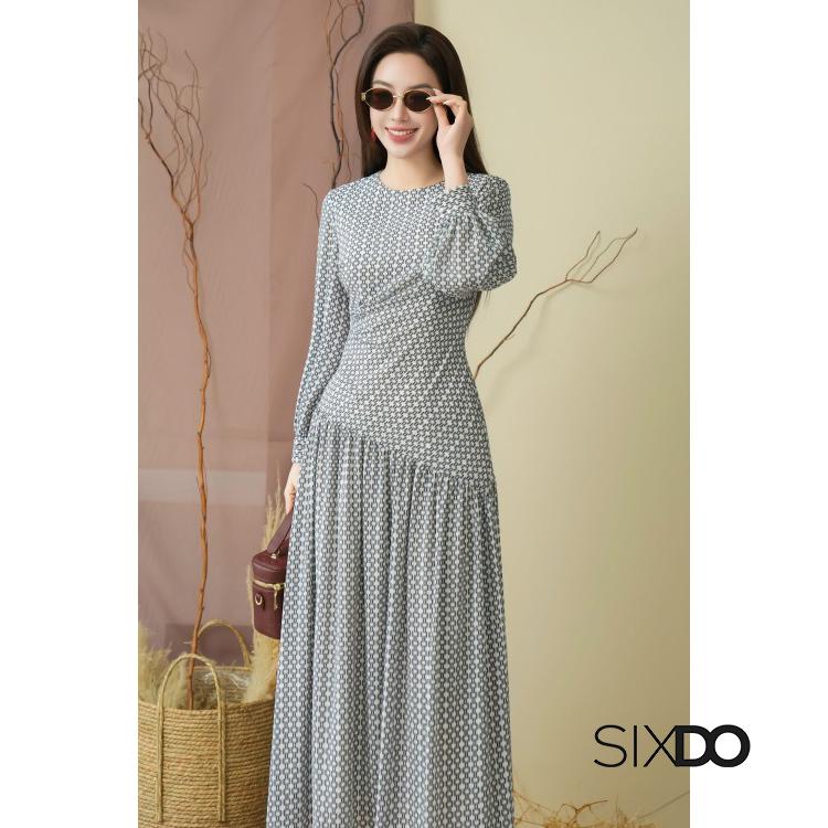Đầm dài họa tiết cổ tròn dài tay SIXDO (Mint Floral Chiffon Flared Dress) 6