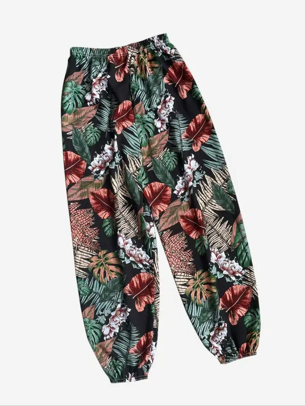 Women's Plants Print Elastic Waist Harem Pants, Fashion Casual Printed Trousers For Women, Ladies Bottoms For Summer, Comfort PJ Clothing for Homewear 3