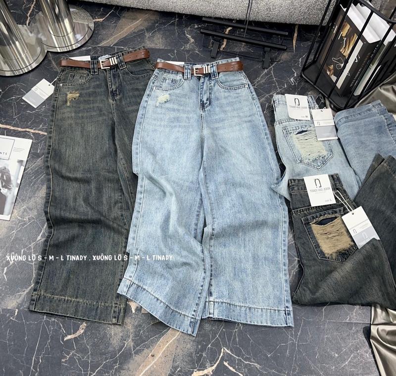 ( Nấm Lùn ) Quần jean ống suông lở rách túi sau lai gấp, cạp cao dành cho các nàng nấm Nữ Pants Women