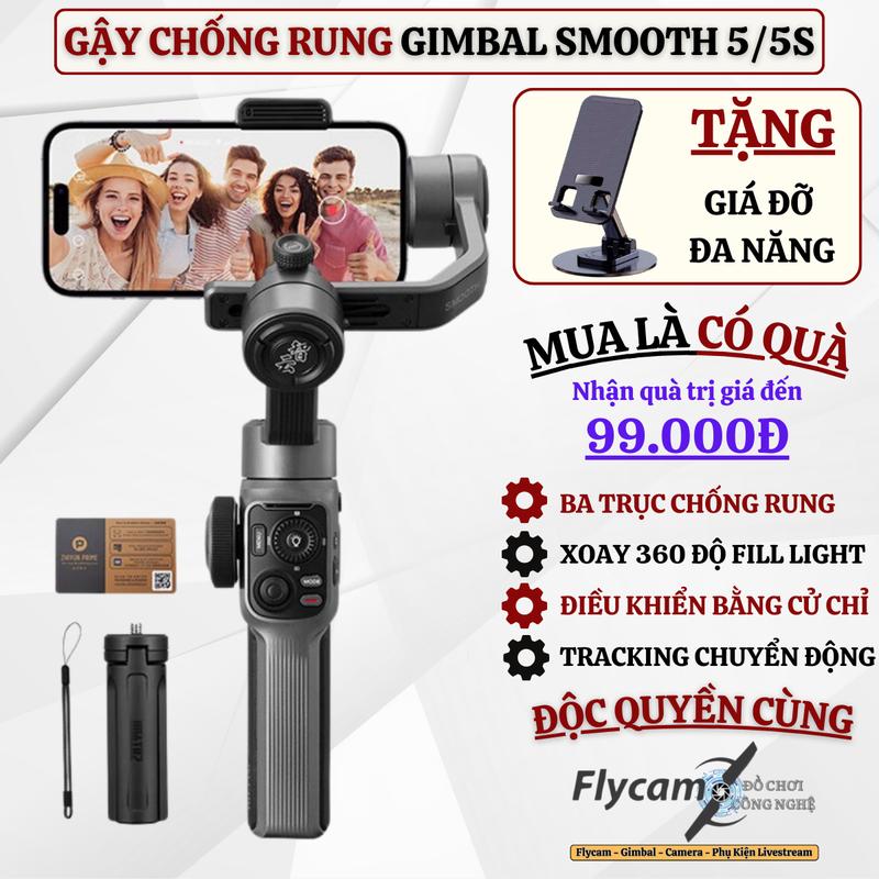[TT] Gimbal Chống Rung Zhiyun Smooth 5/5S, Tay Cầm Chống Rung 3 Trục, Thời Gian Tối Đa 25 Giờ, Gậy Chống Rung Quay Vlog, Video, Selfie Có Đèn Trợ Sáng, Xóa Phông Lấy nét, Tracking Chuyển Động Theo Cử Chỉ, Cân Được Mọi Dòng Máy Full Phụ Kiện