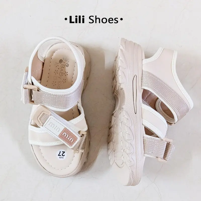 Size 27-34-Dép quai hậu đi học bé gái, đế chất PU bền nhẹ, quai da, phom đơn giản màu kem dễ phối đồ 1