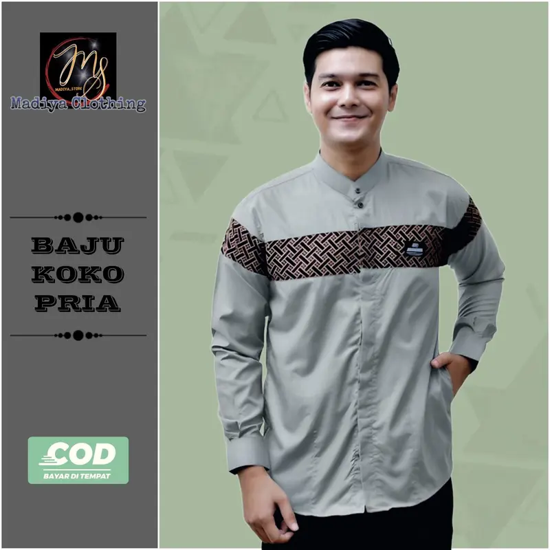 Baju Koko Pria Dewasa Lengan Panjang Motif Kobata Qynang Kombinasi Batik Terbaru kain katun 6