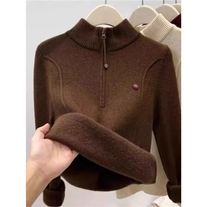 Áo Len Nữ, Chất Liệu Nhung Mùa Đông, Dày Dặn, Cổ Chân Đế Có Khóa Kéo, Lót Lông Cừu Một Lớp, Cổ Trung, Có Thể Mặc Bên Trong, Cổ Áo Hở Nửa 3