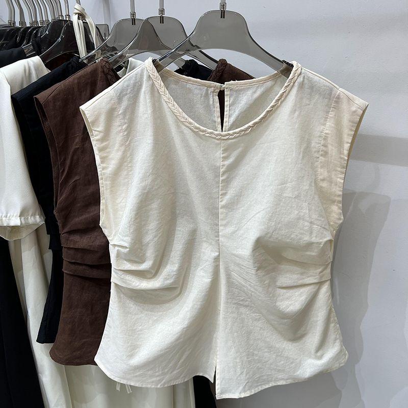 Áo Sơ Mi Vải Lanh Cotton, Không Tay Xếp Ly Dành Cho Phụ Nữ, Thiết Kế Cao Cấp, Áo Cánh Thắt Lưng, Tay Áo Rung, Hàng Mới Về Mùa Hè 2024 3