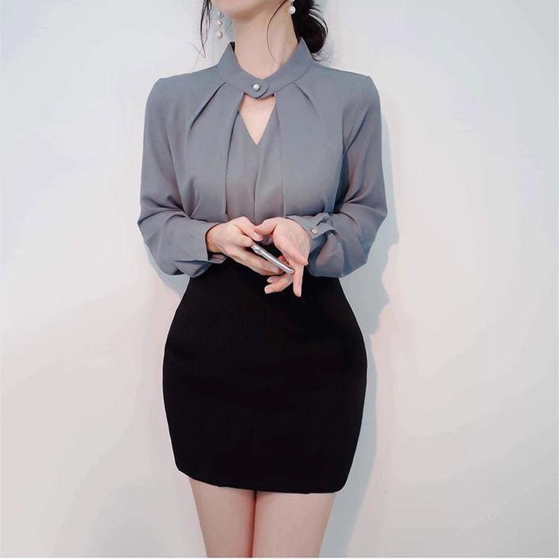 Áo Sơ Mi Dài Tay Màu Trơn Cho Nữ, Áo Sơ Mi Đế Gợi Cảm Mới, Áo Sơ Mi Nhỏ, Áo Trượt Trên Đầu, Khăn Quàng Cổ Thanh Lịch 3