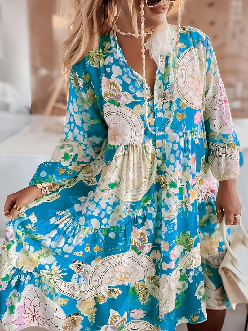 Product Introduction of Women's Floral Print Button Front Dress, Boho 3/4 Sleeve Short Dress for Summer, Ladies Clothes for Beach Holiday Vacation, Holiday Dresses 3