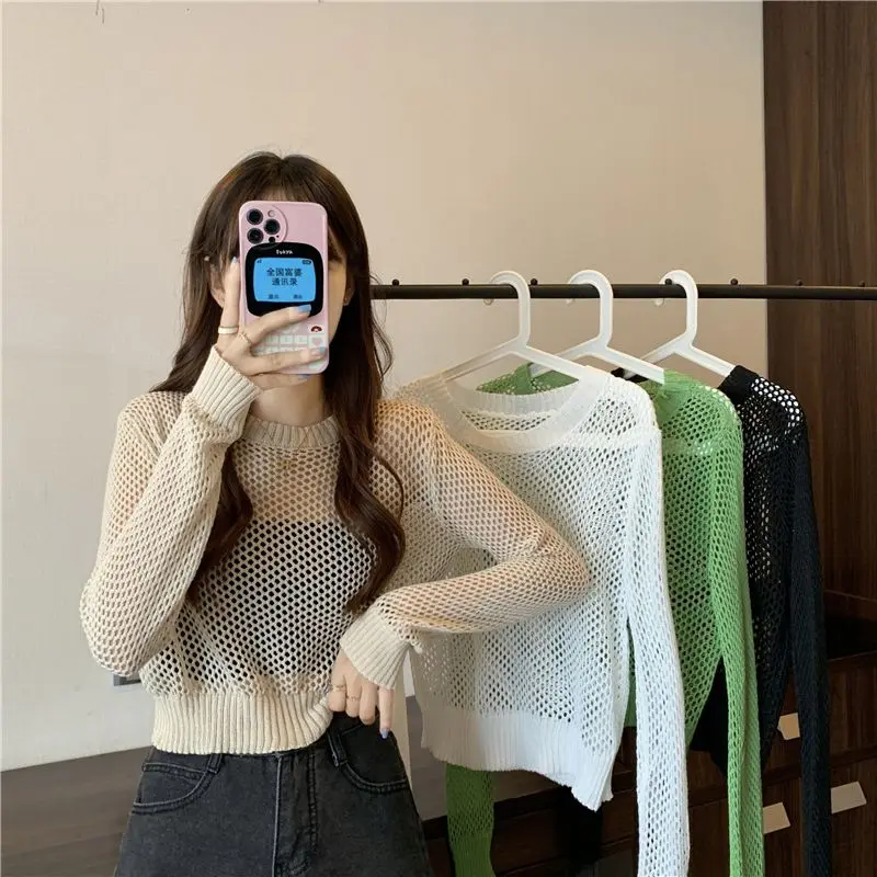 🔥Casual Top Thin Long Sleeve Sun Protection Sweater Women's Winter New Loose and Lazy Style Cutout Blouse Sling Outer Match Short Top Top for Daily for Women Knitwear Womenswear