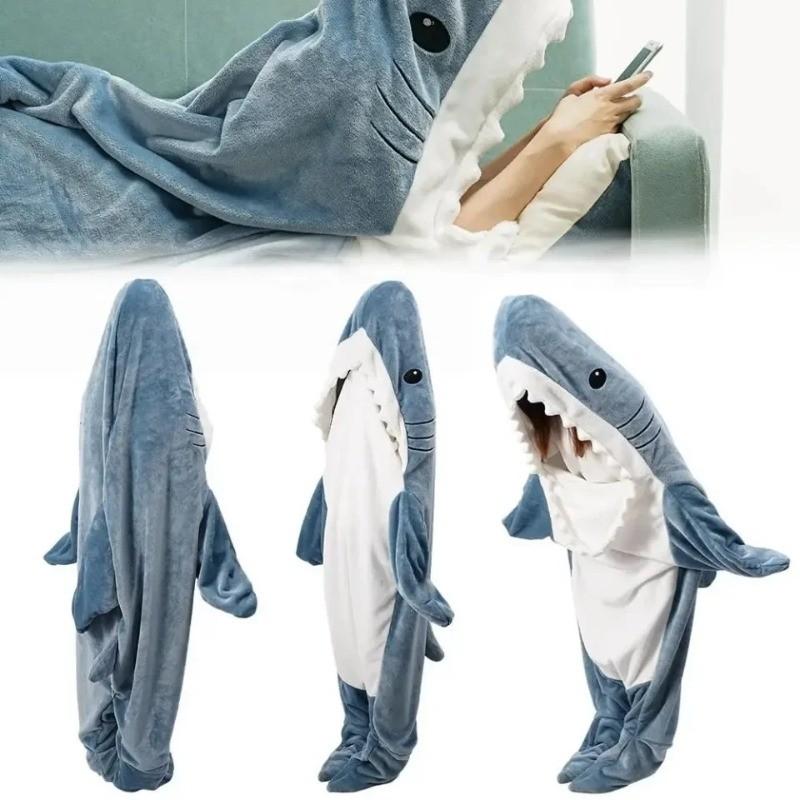 Product Introduction of Autumn Winter Flannel Cartoon Shark Sleeping Bag Home Suit One-piece Shark Nightgown 12