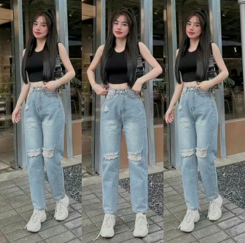  Quần baggy jean nữ ống đứng lưng cao không co giãn- Quần jean nữ 9 tấc rách chất dày dặn KN668 