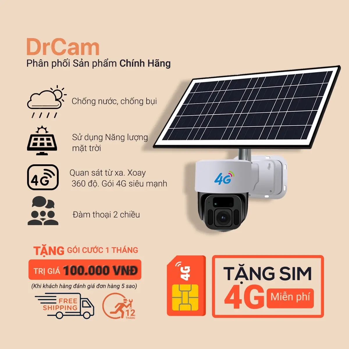 Camera 4G Không kết Nối Wifi Sử Dụng Sim 4G DrCam Năng Lượng Mặt Trời 20W Với 2 Chế Độ Tiết Kiệm Điện Năng Đèn Hồng Ngoại Ban Đêm