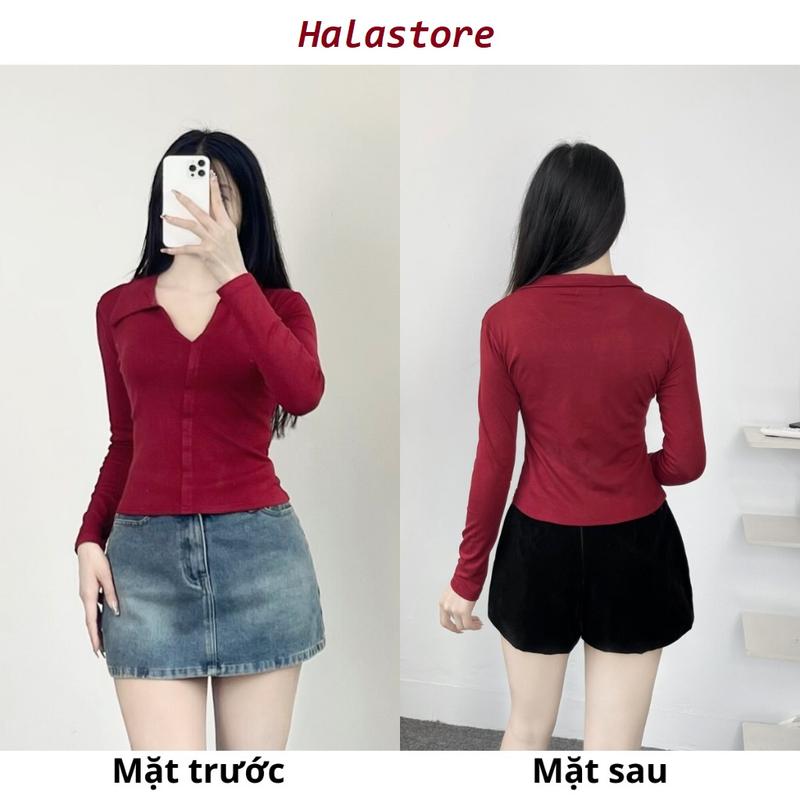 Áo Thun Nữ Dài Tay Cổ Bẻ Xẻ Ngực Chất Cotton Form Ôm Bigsize355T - Top, Women 2