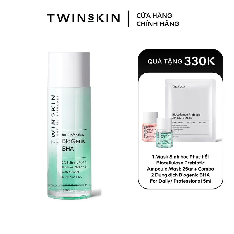 Dung dịch hỗ trợ làm sạch da chết hóa học TWINS SKIN Biogenic BHA For Professional (Xanh) Fullsize 100ml TẶNG 1 Mask Sinh học Phục hồi Biocellulose Prebiotic Ampoule Mask 25gr + Combo 2 Dung dịch Biogenic BHA For Daily/ Professional 5ml