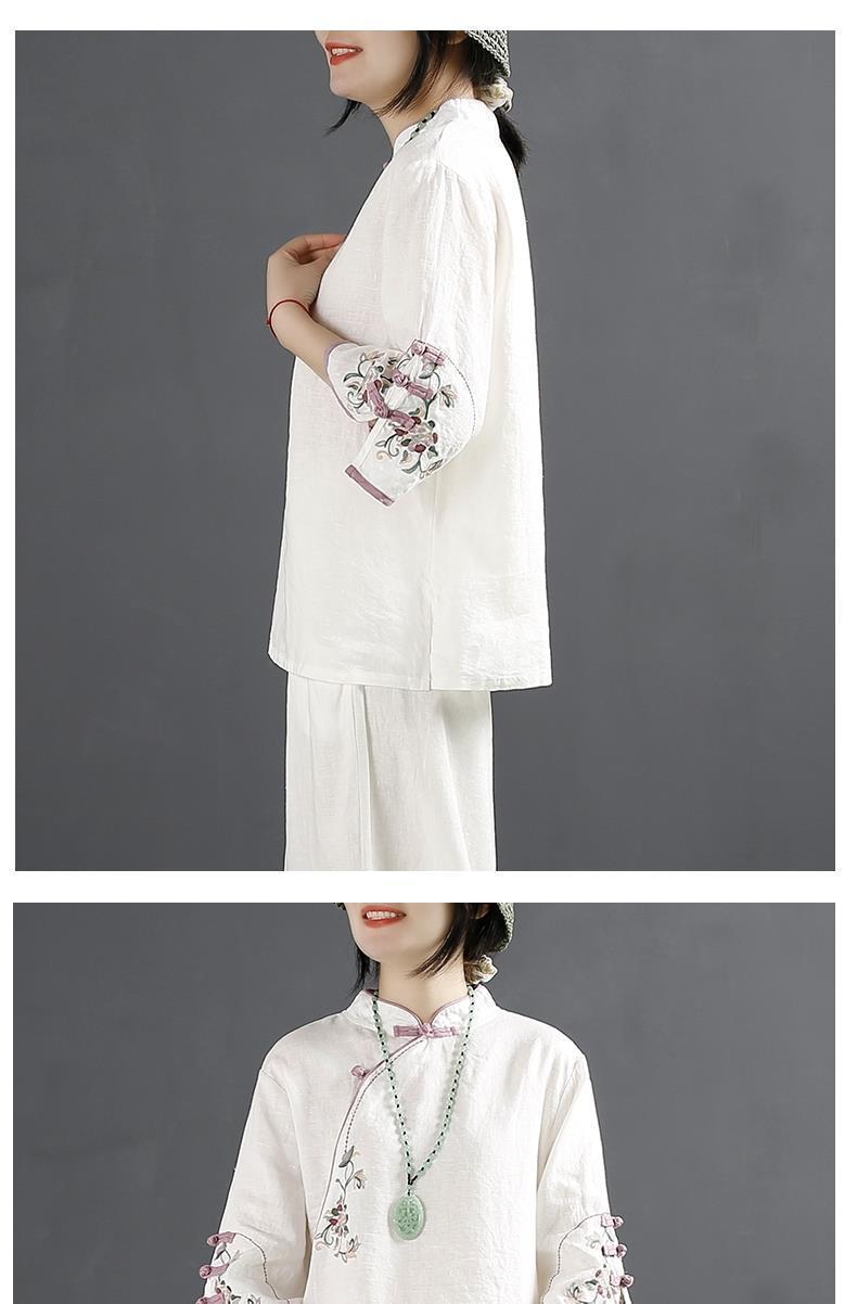 Product Introduction of Oemg2024 Summer New Chinese Style Retro Cotton and Linen Shirt Women's Chinese Style Stand-up Collar Frog Button Top Embroidered Cotton Tea Clothes 17