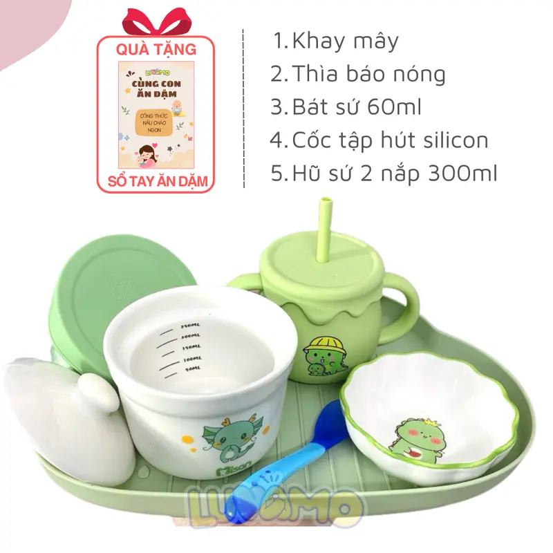 Bộ bát ăn dặm cao cấp cho bé kèm cốc tập hút, bát sứ, thìa cho bé màu sắc đa dạng nghộ nghĩnh Luvamo Kem Voi hũ thủy tinh bát  thìa  ăn  dặm  cho  bé 7